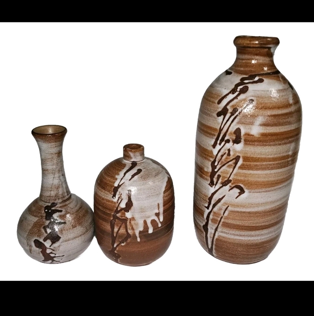 3 Pc Bruen Pottery Vase Jar Set Albuquerque NM Artist Signed Set 9.5" Glazed